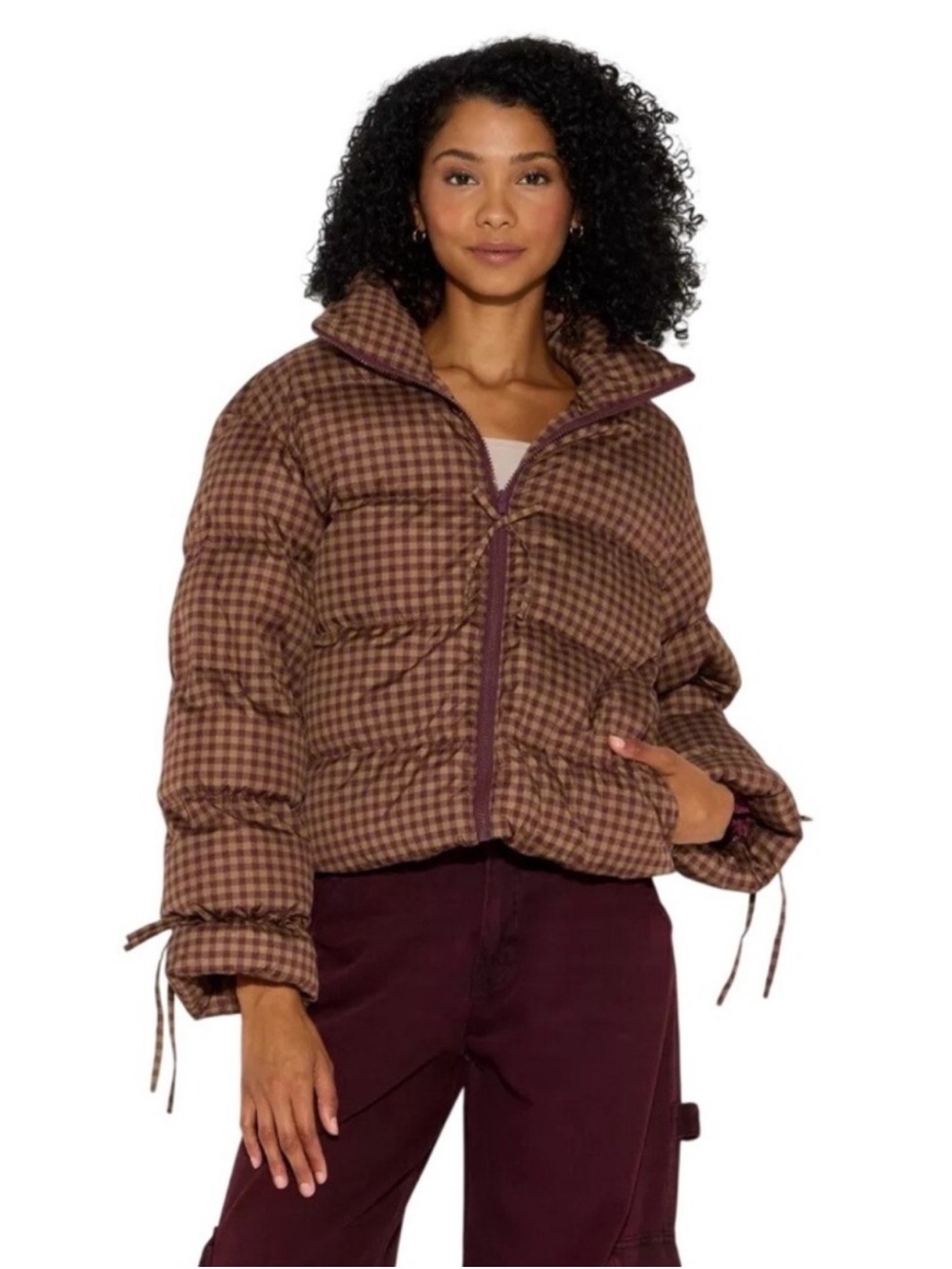 Wild Fable Women’s Bow Puffer Jacket - Brown Burgundy Gingham Size XXS NWT